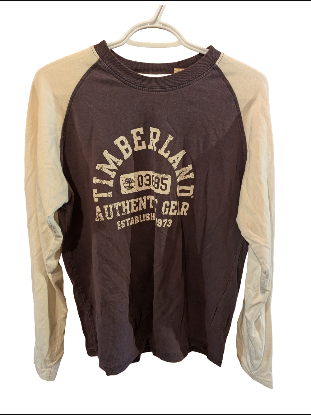Timberland Dark Brown Purple Body with Cream Raglan Sleeves Long Sleeve Tee